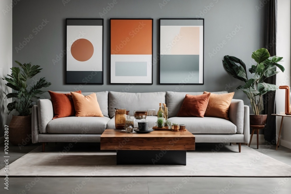 Fototapeta premium Wooden square coffee table near white sofa in room with grey wall with art poster. Minimalist elegant home interior design of modern living room.