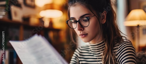 A focused young female professional using documents at her residence, wearing glasses and a striped top.