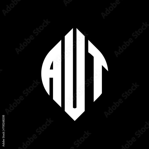 AUT circle letter logo design with circle and ellipse shape. AUT ellipse letters with typographic style. The three initials form a circle logo. AUT Circle Emblem Abstract Monogram Letter Mark Vector.