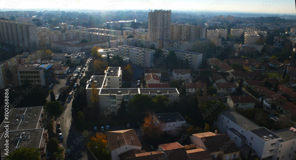 Photo aérienne Montpellier quartier petit bard Cévennes Hérault réhabilitation urbaine immeubles