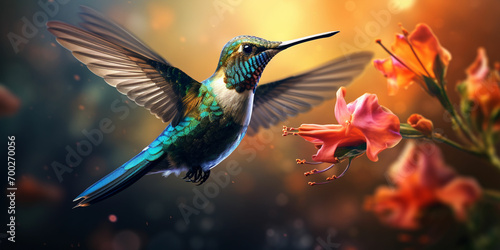 a hummingbird flying over a flower photo
