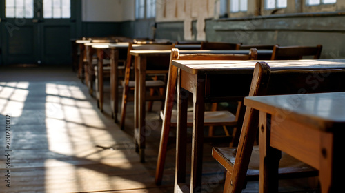Chairs and tables in an empty school classroom, shallow depth of field