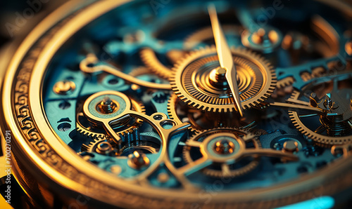Intricate clockwork mechanism showcasing precision engineering with golden gears and cogs in close-up photo