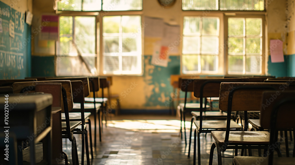 Classroom of an old school in the countryside. Selective focus.