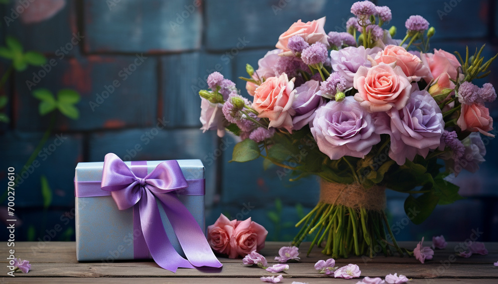 Obraz premium bouquet of flowers and gift box on wooden table