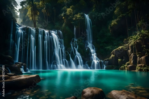 Exotic waterfall and lake landscape.