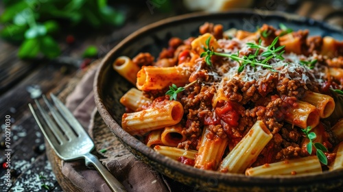 a bowl of rigatoni pasta with meat sauce for dinner