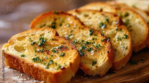Garlic Bread  Sliced bread topped with garlic  butter  and herbs  then baked until crispy 