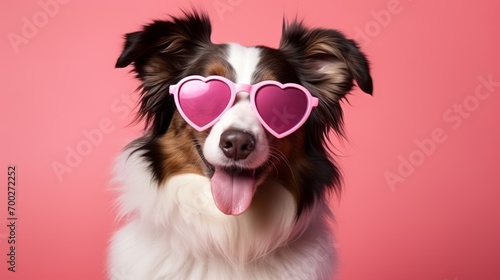 Adorable border collie puppy celebrates st. Valentine's day with heart-shaped sunglasses - high-quality image © Ashi