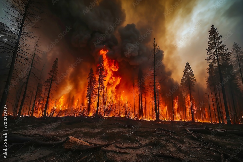 Forest Fire Consuming a Vast Woodland Area, Flames Reaching High Into the Sky. Natural Disasters. Environmental Disaster. 