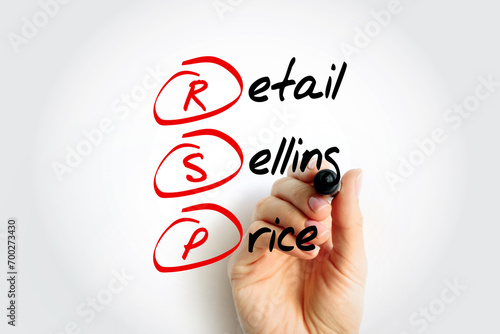 RSP Retail Selling Price - the final price that a good is sold to customers for, acronym text with marker