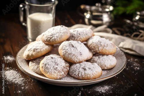 christmas cookies with powdered sugar on a wooden table