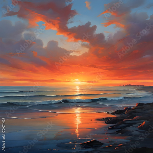 Beautiful seascape at sunset. Nature composition. Digital painting. © Tariq