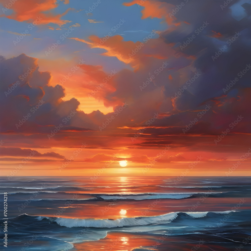 Beautiful seascape at sunset. Nature composition. Digital painting.