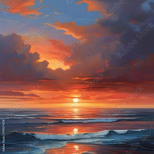 Beautiful seascape at sunset. Nature composition. Digital painting.