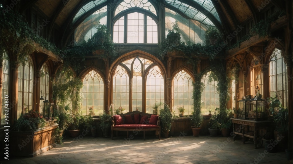 Magic medieval Greenhouse with cinematic lighting with a big windows.