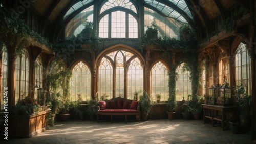 Magic medieval Greenhouse with cinematic lighting with a big windows.