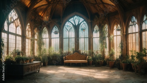 Magic medieval Greenhouse with cinematic lighting with a big windows. © Graphic Gem Market
