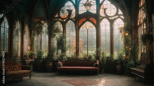 Magic medieval Greenhouse with cinematic lighting with a big windows. © Graphic Gem Market