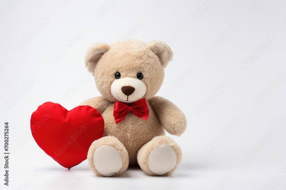 Obraz premium cute teddy bear with a red heart, a symbol of love. Traditional gift for Valentine's Day on February 14