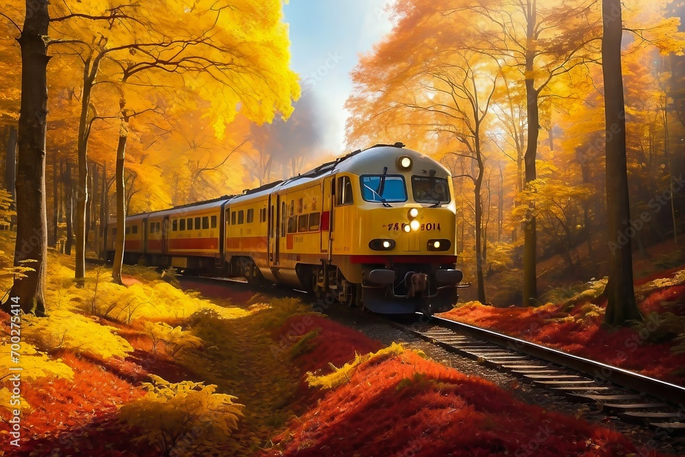 Obraz premium Train Passing Through a Beautiful Autumn Forest. Railroad Through Deep Forest.