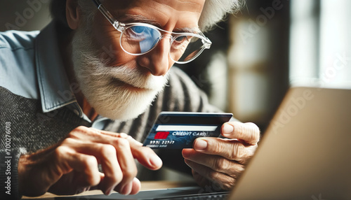 An Elderly man enters his credit car information online via his laptop connected to the internet. Many  elderly ones are vulnerable to online scams. photo