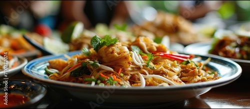 Chicken pad Thai and other Thai dishes, captured with shallow depth of field.