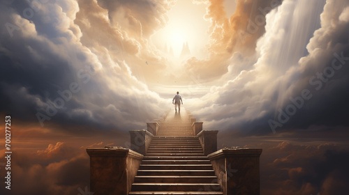 A person coming up the stairs to reach heaven.