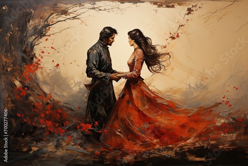 A painting of a couple in a romantic embrace surrounded by red leaves photo