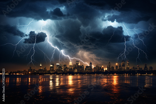 The majesty of nature is breathtakingly displayed in the cityscape by a tumultuous lightning show.