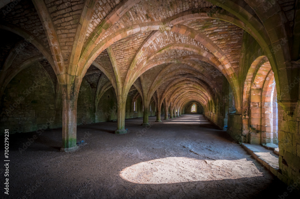 Interior gothic arches in the basement of an abandoned abbey