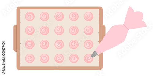 French macaroon. Pink macarons on baking sheet with pastry syringe. Cooking homemade sweet dessert on parchment. Delicious cartoon macarons illustration on white background