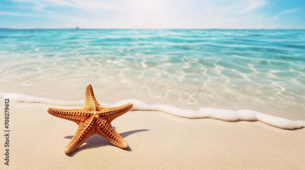 Sea stars on sandy shore in crystal ocean. Summery backdrop. Summertime. Blank area. Unwinding at the seaside.