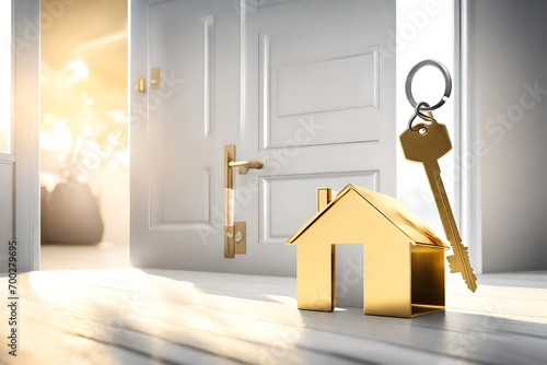 Opening door with golden house key chain on fuzzy interior background, Ai generated image 