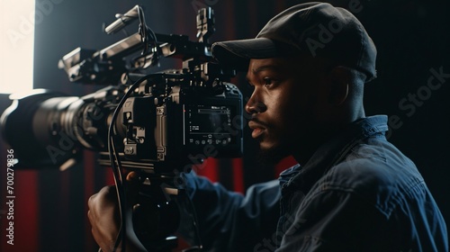 A young black videographer filming with a high-quality camera in dim studio lighting.