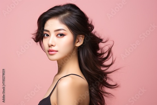 A youthful Asian woman with a Korean makeup style touching her face and flawless complexion on a separate pink background. Beauty procedure Aesthetic surgery.