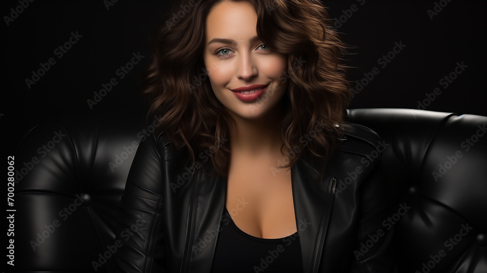 portrait of a woman, Cheerful chubby female model in black stylish wear in a studio portrait of a woman, Cheerful chubby female model in black stylish wear in a studio