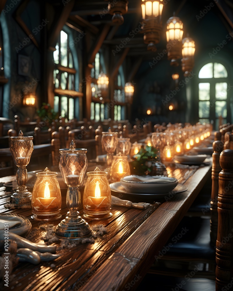 Restaurant interior with candles and cutlery. 3d rendering