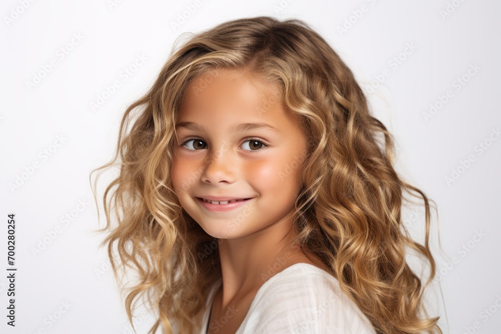 Portrait of a cute little girl with long curly hair on white background Portrait of a cute little girl with long curly hair on white background