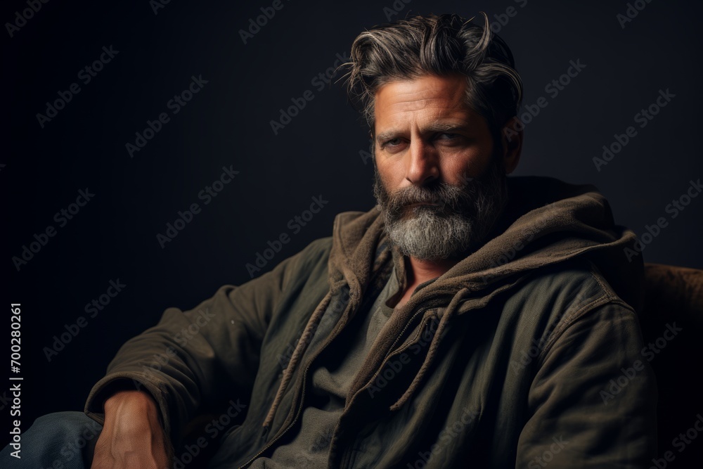 Portrait of a bearded man in a green jacket on a dark background Portrait of a bearded man in a green jacket on a dark background