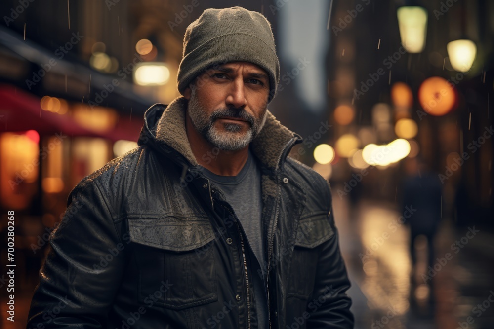 Handsome middle-aged man with gray beard and mustache in a black leather jacket on the street in the rain Handsome middle-aged man with gray beard and mustache in a black leather jacket on the street in the rain