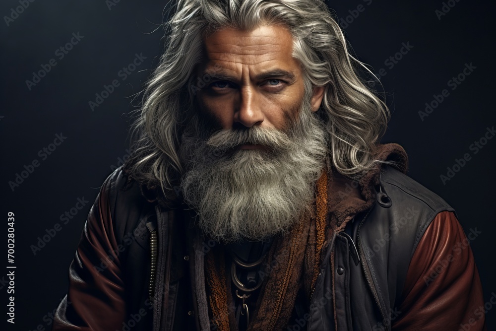 Portrait of an old man with long gray hair and beard. Portrait of an old man with long gray hair and beard.