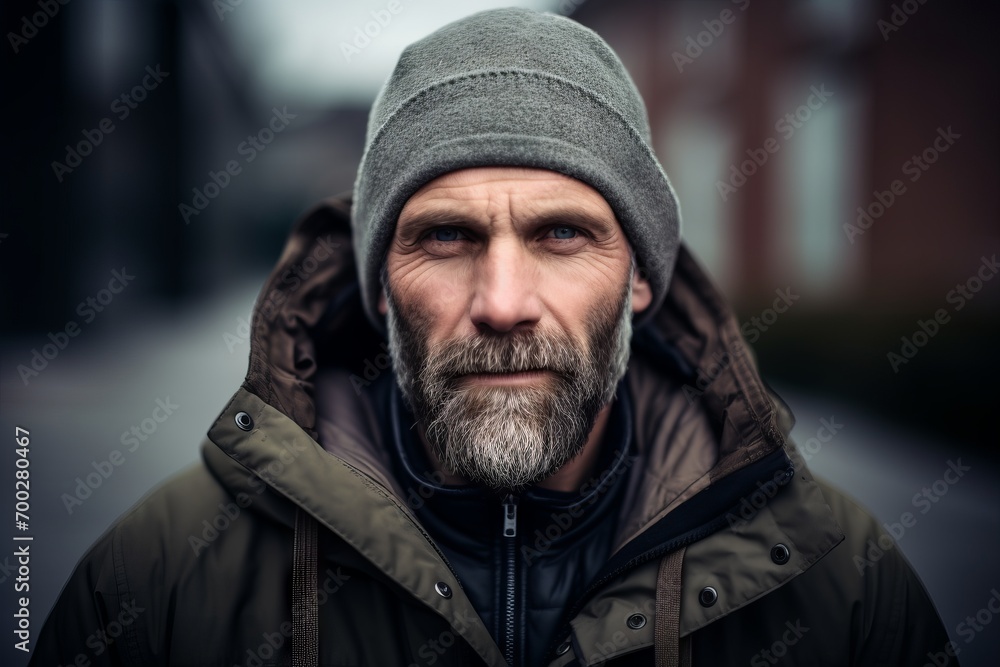 Portrait of a bearded man in a winter jacket and hat. Portrait of a bearded man in a winter jacket and hat.