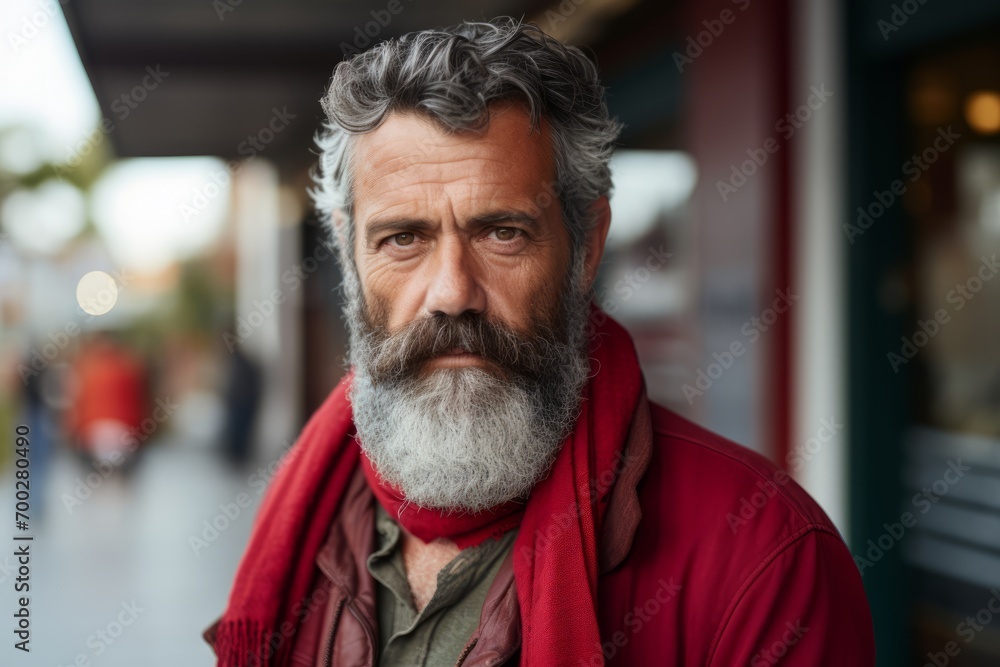 Portrait of a handsome senior man with grey beard and mustache, wearing a red woolen shawl, looking at the camera. Portrait of a handsome senior man with grey beard and mustache, wearing a red woolen shawl, looking at the camera.