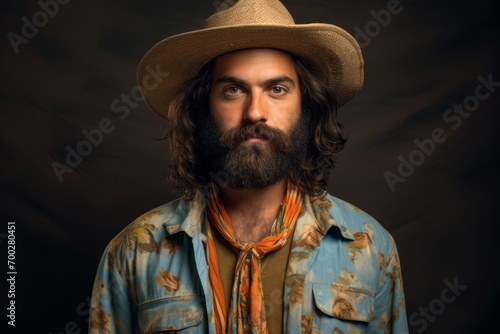 Handsome man with a long beard and a hat on a dark background