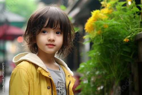 Japanese girl in a yellow jacket (2 years old) on the street