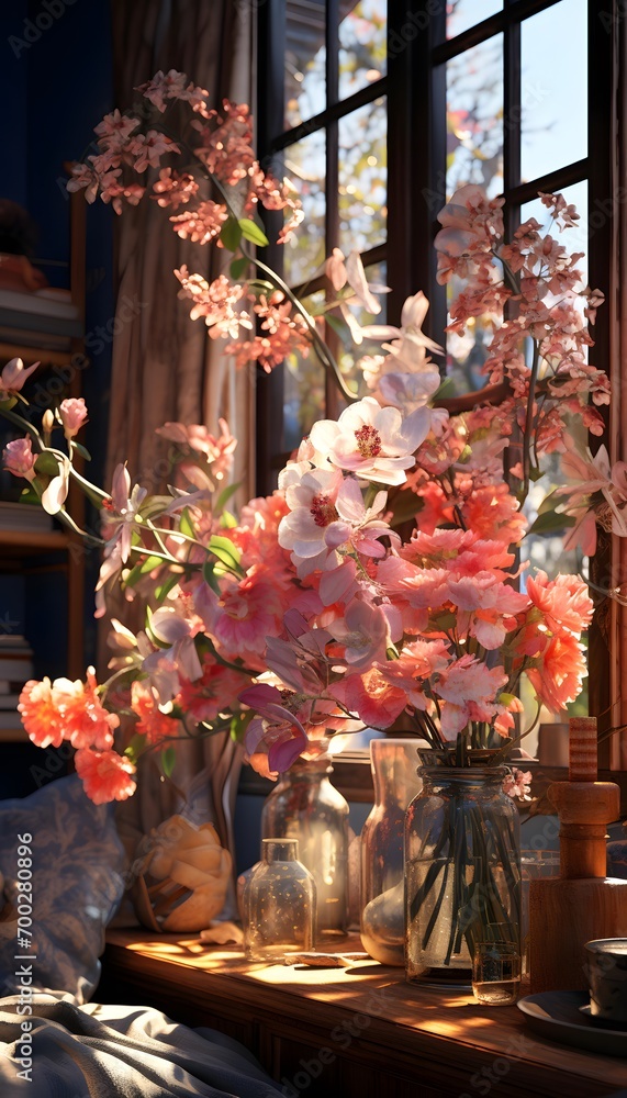 Bouquet of flowers in a glass vase on the windowsill