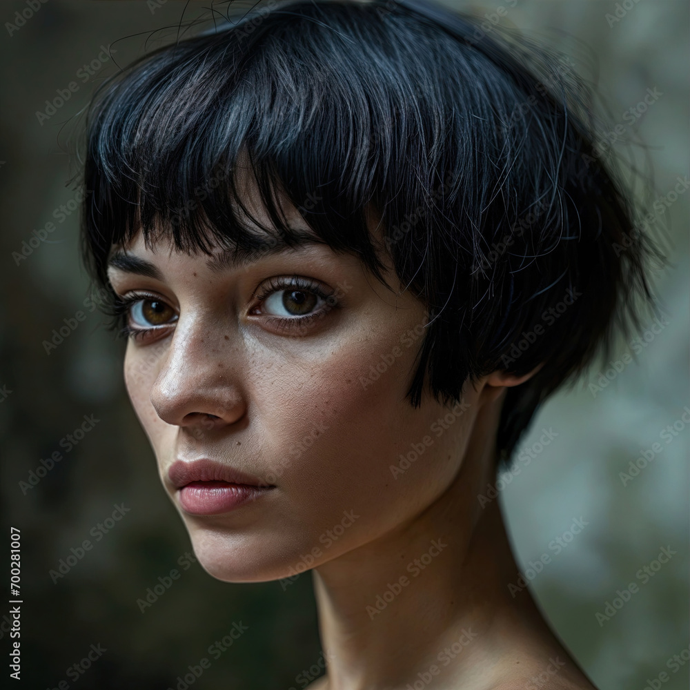 portrait d'une jeune femme brune aux cheveux très court coupe "à la garçonne" - obrazy, fototapety, plakaty 