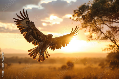 The Madagascar Serpent Eagle in flight against the backdrop of a dramatic sunrise over the savannah