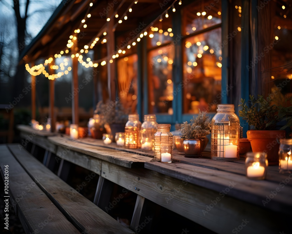 Christmas decorations with candles and bokeh lights on wooden terrace